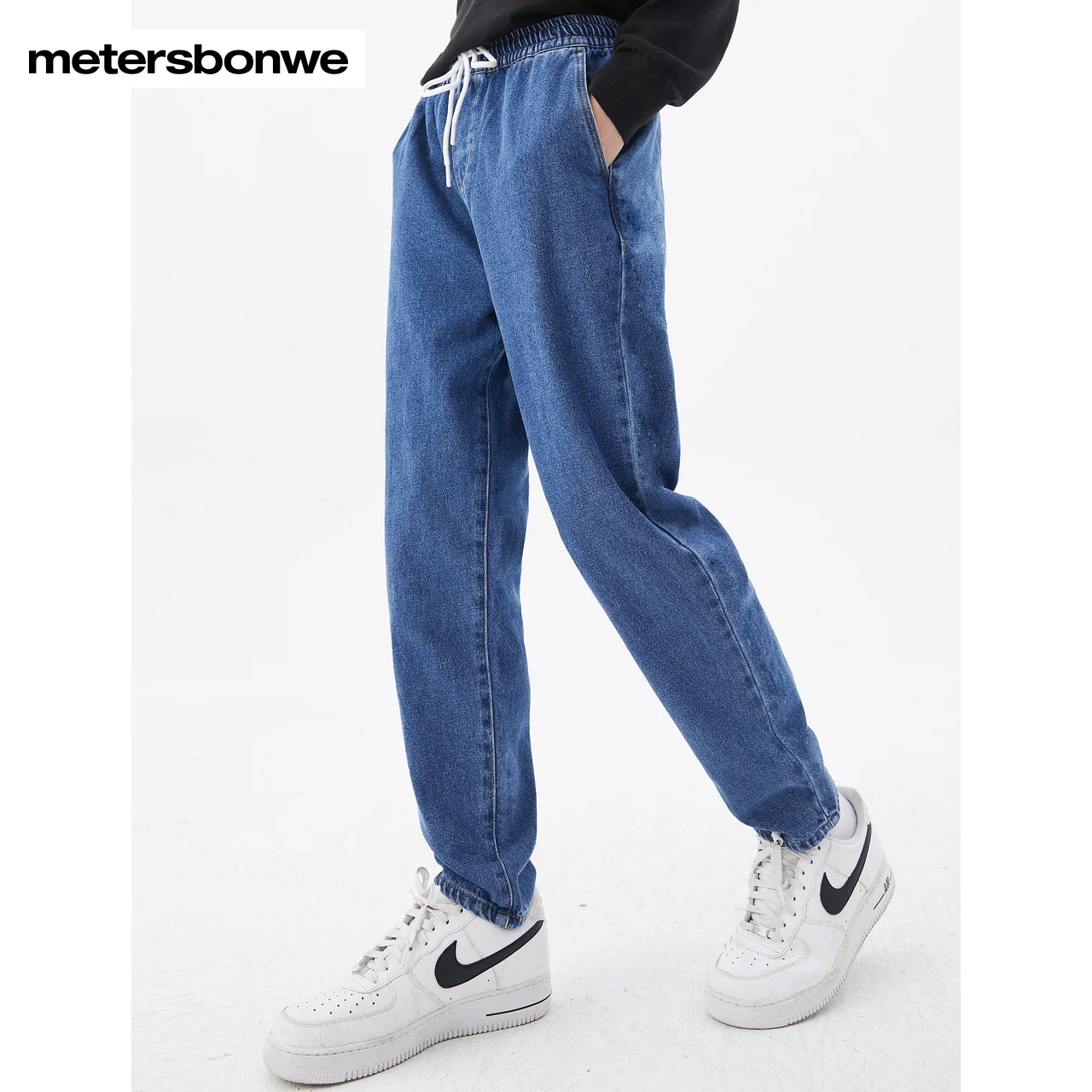 

Metersbonwe-Men's 100% Cotton Fleece Slim Jeans Elastic Waist Denim Pants Autumn And Winter