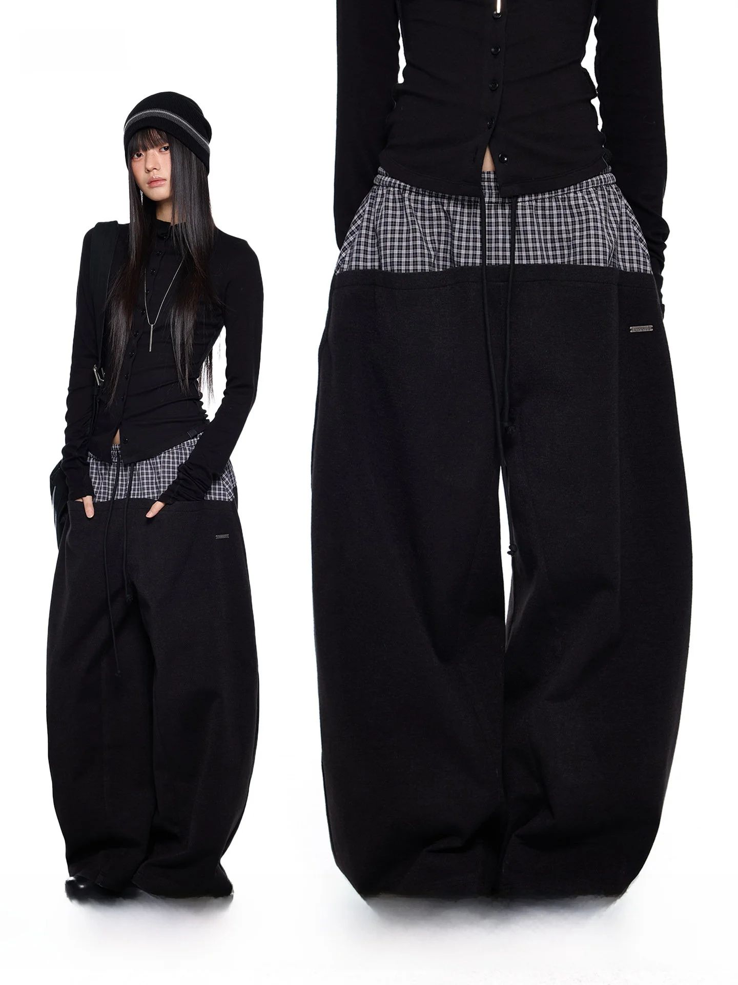 

Женские повседневные брюки EZEK в клетку с пэчворком и завязками на талии, весна-лето, новые, винтажные, свободные, широкие штанины, модель «Дра Найф»