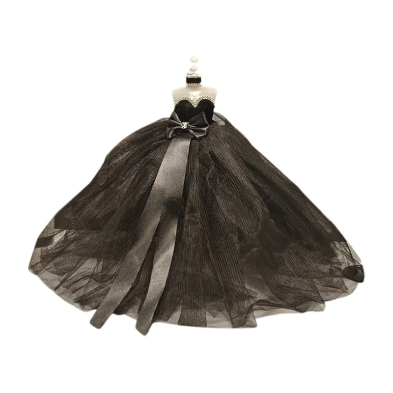 Women Wedding Black Dress with Choker Necklace Strapless Rhinestone Tulle Clothes Model Toys