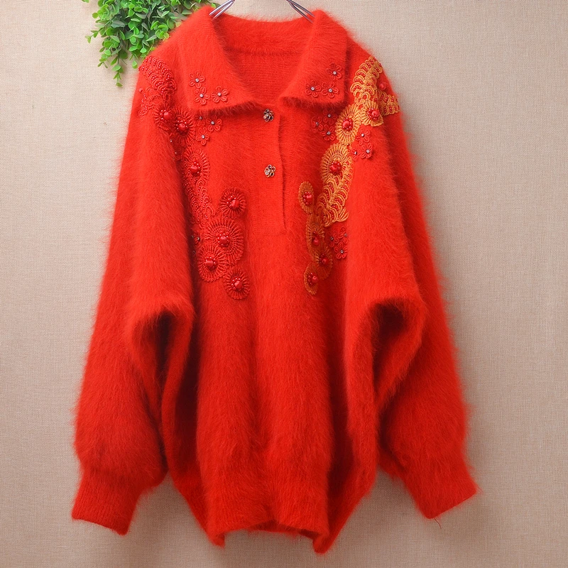 04 Female Women Fall Winter Vintage Red Embroidery Beading Angora Rabbit Hair Knitted Long Batwing Sleeves Loose Sweater Jumper