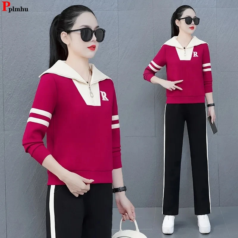 

Casual 2 Piece Sets Zipper Sailor Collar Pullovers Conjuntos Hih Waist Wide Leg Pant Suits Oversize 100kg Woman Fall Ensemble