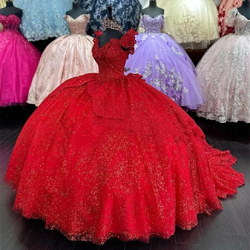 

Glitter Red Sequins Quinceanera Dresses Butterfly Corset Princess Birthday Party Ball Gown Straps Off Shoulder Elegant Long Prom