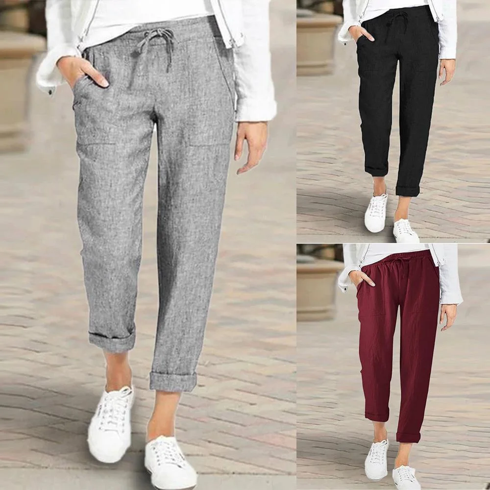 

Women's Casual Pants Drawstring Soft Short Elastic Waist Pockets Solid Color Straight Nine-quarter Pants Trousers Plus Size