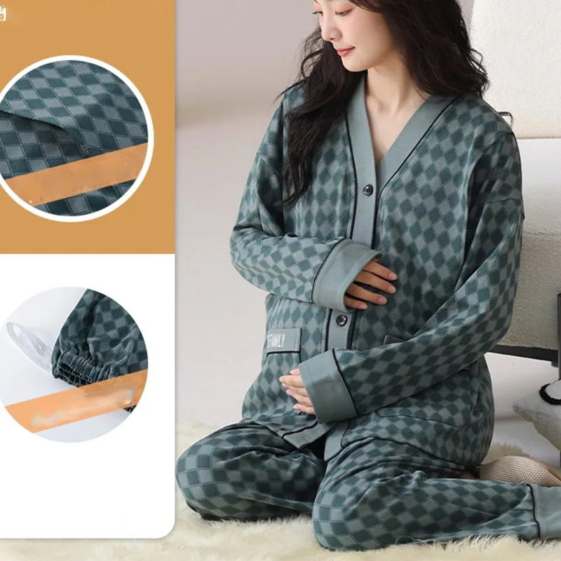 Maternity Sleepwear Set Spring and Autumn Postpartum Sweat Absorbent Maternity Pajamas Adjustable Breastfeeding Home Wear