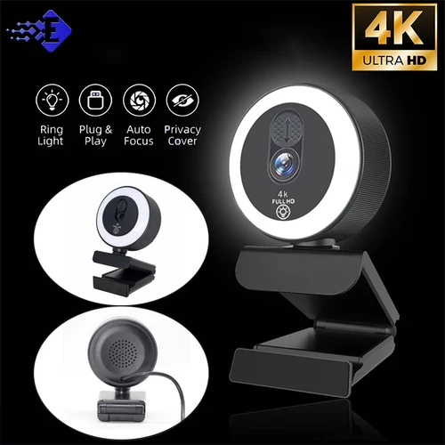 Imagen 2 del producto Cámara web 4k con anillo de luz y micrófono, enfoque automático de 1080p 30fps para transmisión en vivo de PC, portátil, transmisión de videollamadas y conferencias