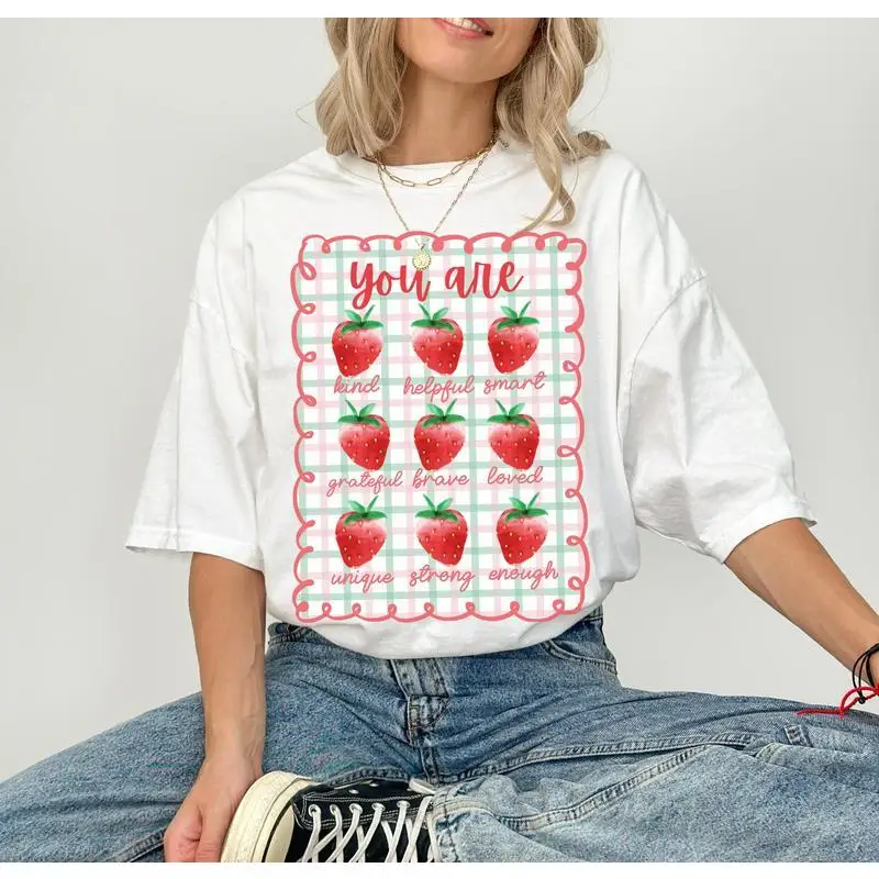 

Oversized Positive Slogan T-shirt, "You Are Enough" Self Love Top, Cute Strawberry Print, Casual Loose Fit Crewneck Tee