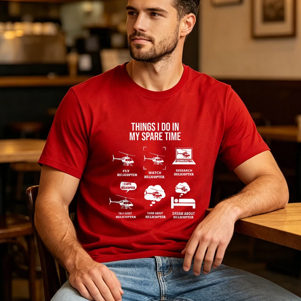 Men Helicopter Lover T-shirt Things I Do In My Spare Time Helicopter Icon List Cotton Tee Fun Aviation Hobby Graphic Casual Tops