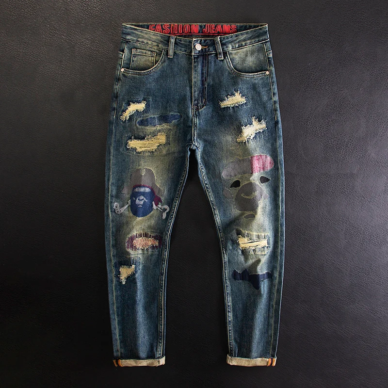 

Street Fashion Men Jeans Retro Washed Blue Stretch Slim Hole Ripped Jeans Men Embroidery Patched Designer Hip Hop Denim Pants