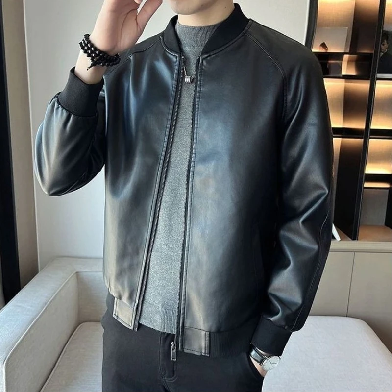 

Men's Soft Leather Jacket Short Length Business Casual Spring Autumn Coat Mid Age Style