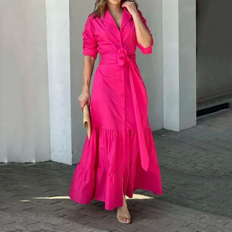 

Boho Long Dresses Women V-neck Ruffles Dress Y2k Rose Red Loose High Waist Wedding Elegant Summer Sexy Party Maxi Vestidos