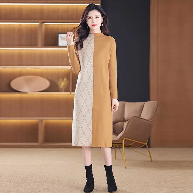 

Women's Jacquard Mid Length Version Half High Collar Wool Dresses Winter New Comfort Elegant Contrast Patchwork Knitted Dress