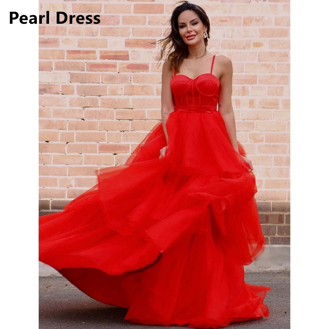 

Pearl Custom Made Prom Dresses 2024 Spaghetti Straps Women Evening Dress Gown Gauze Line A Layered Red Ground Length Ball Gowns