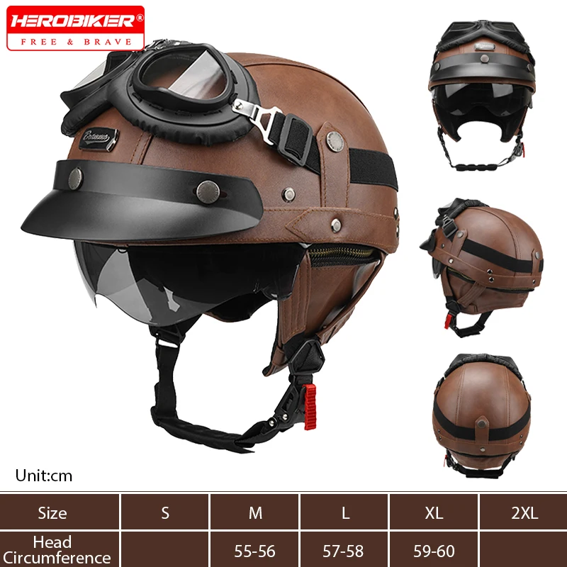 

DOT Approved Motorcycle Helmet Men Women Retro Leather Moto Half Helmet Vintage Casco Moto Helmet With HD Visor Capacete De Moto