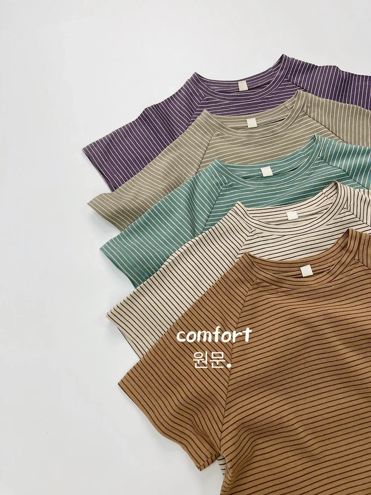 

Повседневные полосатые футболки для мальчиков и девочек, детская одежда для малышей, лето 2021, новые детские футболки с короткими рукавами, детские хлопковые универсальные топы