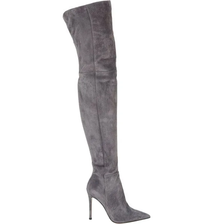 

European And American Women's Fashionable Pointed Slim High-heeled Knee Boots Ladies Plus Size Suede Zipper Boots