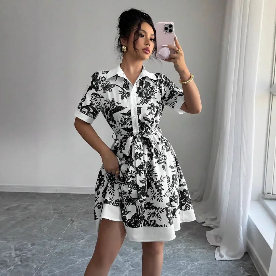 Eenvoudige Mode Bloemenprint Elegante Zomer Nieuwe Vrouwen Overhemd Straat Casual Dame Kantoor Werk Casual Jurken Blauw Vestidos