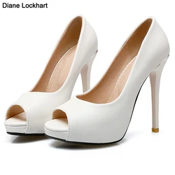 Platform heels Peep Toe pumps Women Shoes Slip-On 10cm Thin Heels Shallow White Wedding Shoes Sexy Lady Party High Heels 33