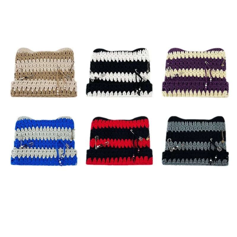 Hip-Hop Outdoor Warme Mütze im japanischen Stil mit handgefertigten Punk-Teufelsohren aus Garn für Mädchen, süßer und edgy Abi-Stil für Herbst und Winter.