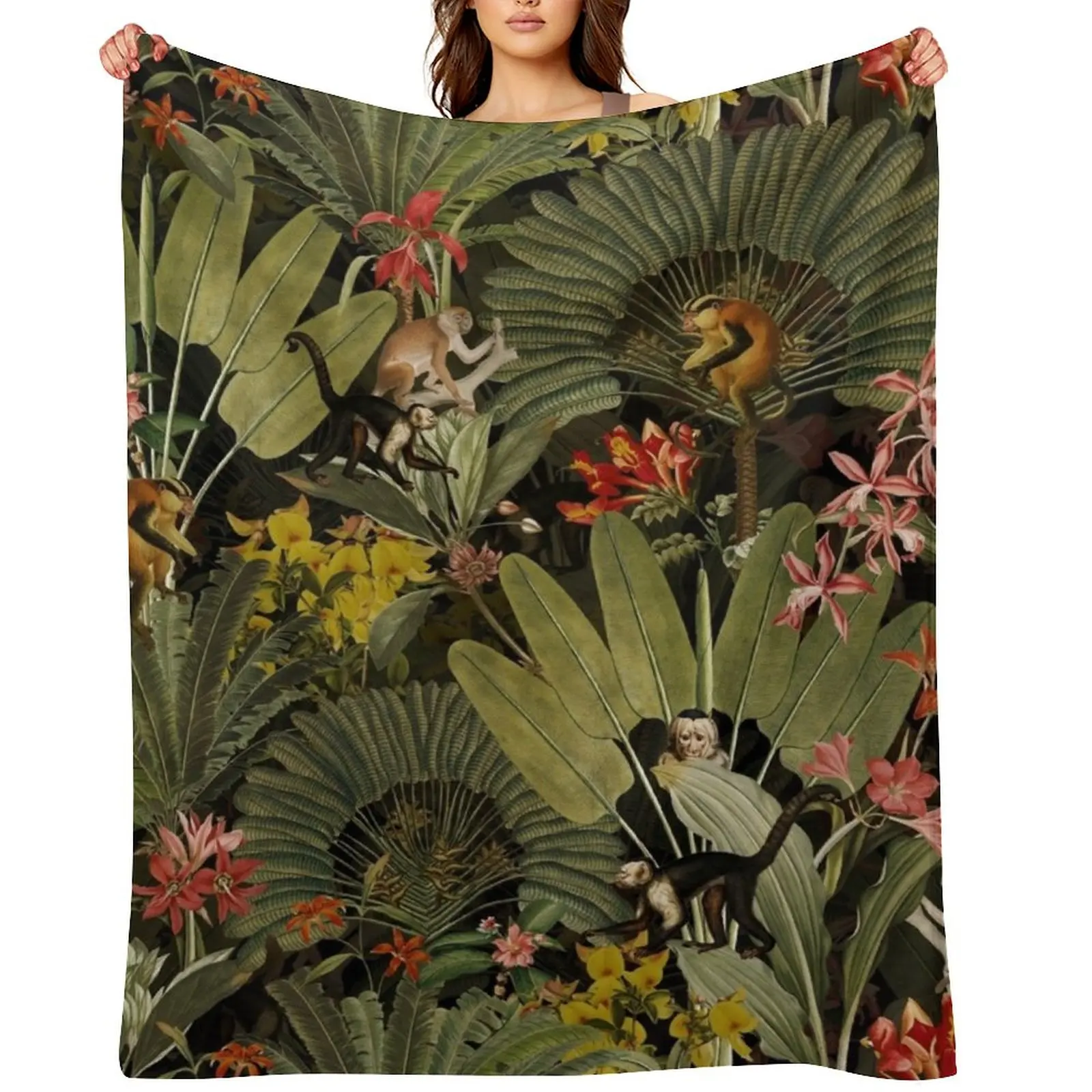 

Tropical Exotic Vintage Midnight Jungle Monkeys Night Garden Throw Blanket Shaggy Heavy Blankets For Sofas for babies Blankets