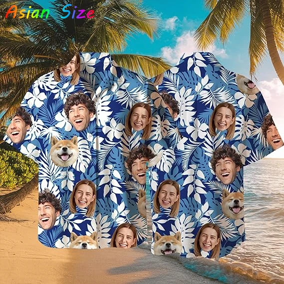 

Гавайская рубашка с индивидуальным изображением лица для мужчин и женщин, персонализированный подарок в гавайском стиле для девушки или парня, с тропическими растениями, на пуговицах, камиса