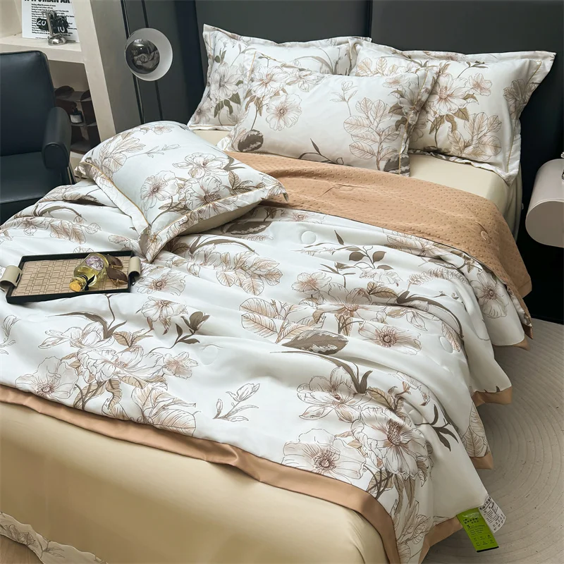 

Luxury Floral Summer Quilt Ice Silk Air-conditioning Quilts Summer Cool Bean Comforter Single Queen Thin Machine Washable Quilt