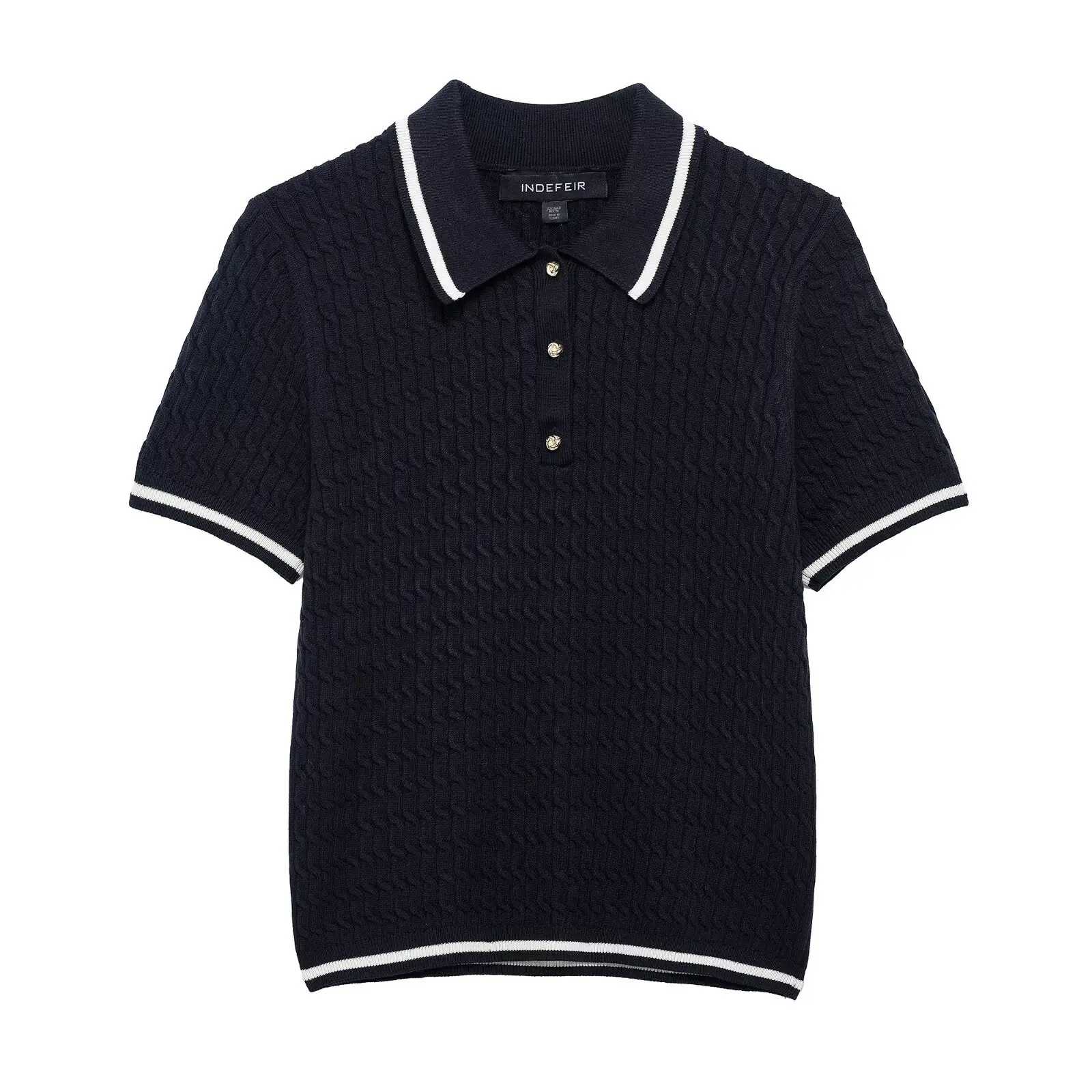 

Весенний трикотаж в консервативном стиле с воротником-поло контрастного цвета и короткими рукавами, облегающий топ с полуоткрытым воротником для женщин