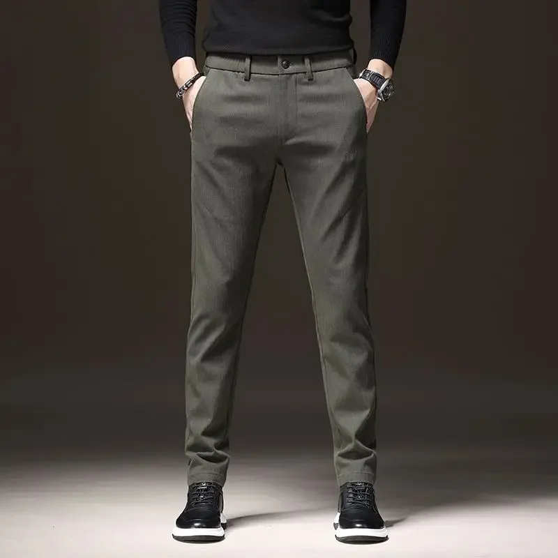 

Men Fake Denim Ankle Length Cropped Suit Pants Male Loose Straight Blazer Pants Slim Fit Casual Minimalist Army Green Trousers