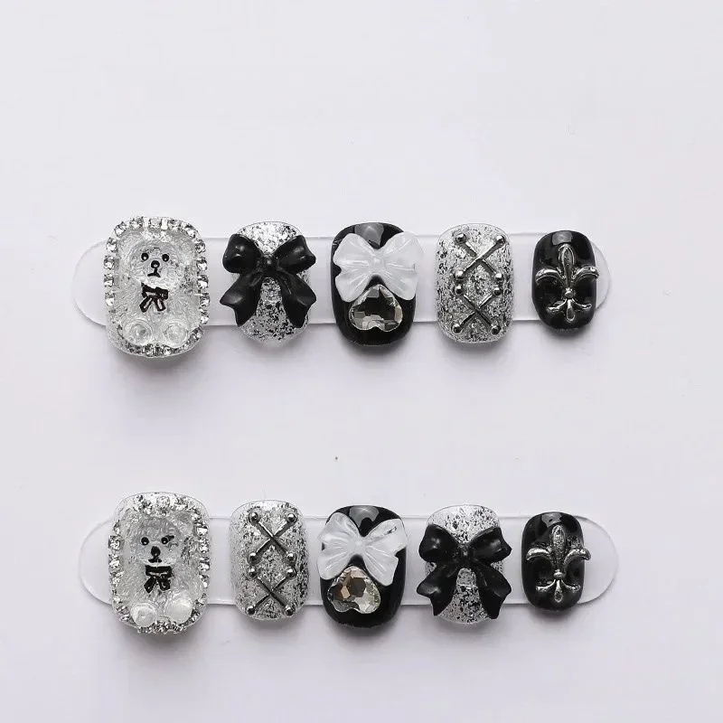 10pcs Handmade Bear & Bow Press-On Nails - Short Square Glossy Fake Nails with Cute Cartoon Bear Designs Nails for Women/Girls