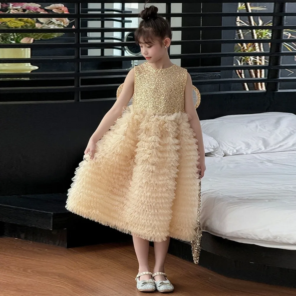 

Butterfly Bow Wings Children Princess Dress Round Neck Sequin Sleeveless Birthday Cake Dress Loose Casual