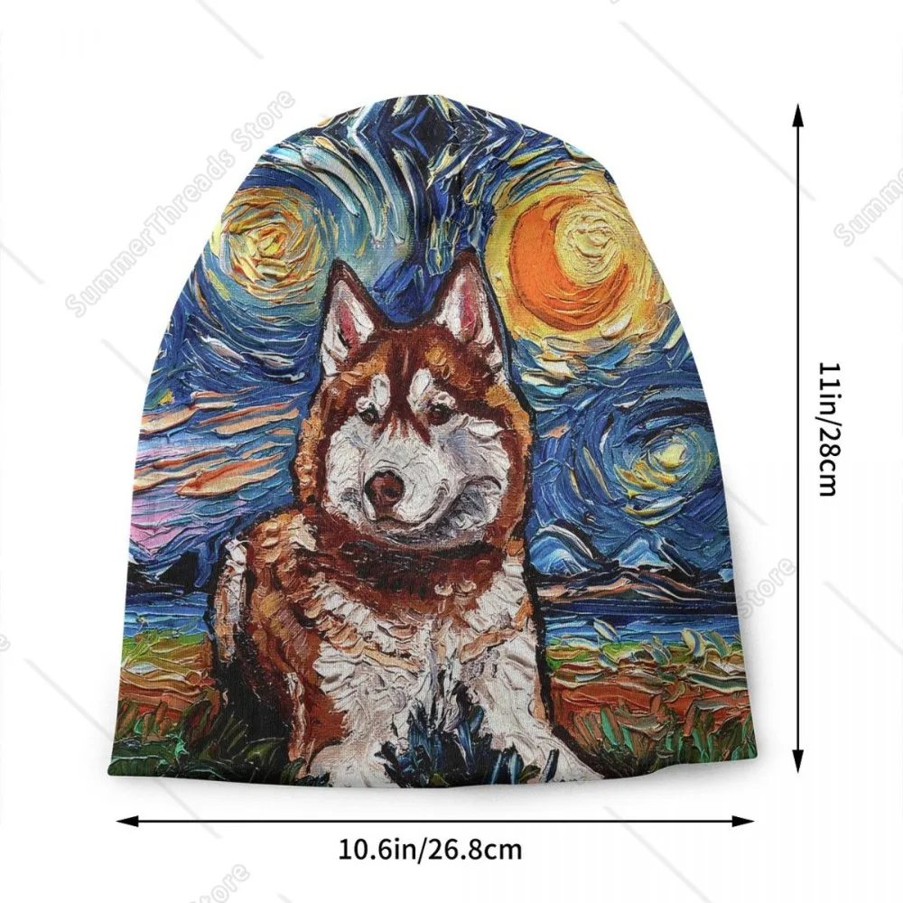 Siberian Husky Starry Night Art Bonnet Hats Street Knit Hat For Women Men Warm Winter Pet Dog Lover Skullies Beanies Caps