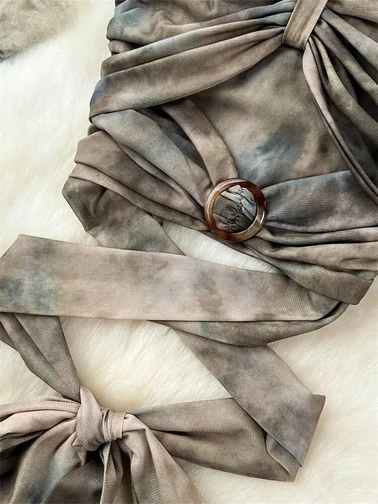 Retro Beach Two-piece Sets Women Tie Dye Sexy Backless Crop Top High Waisted A-line long Skirt Summer Boho Printing Suits