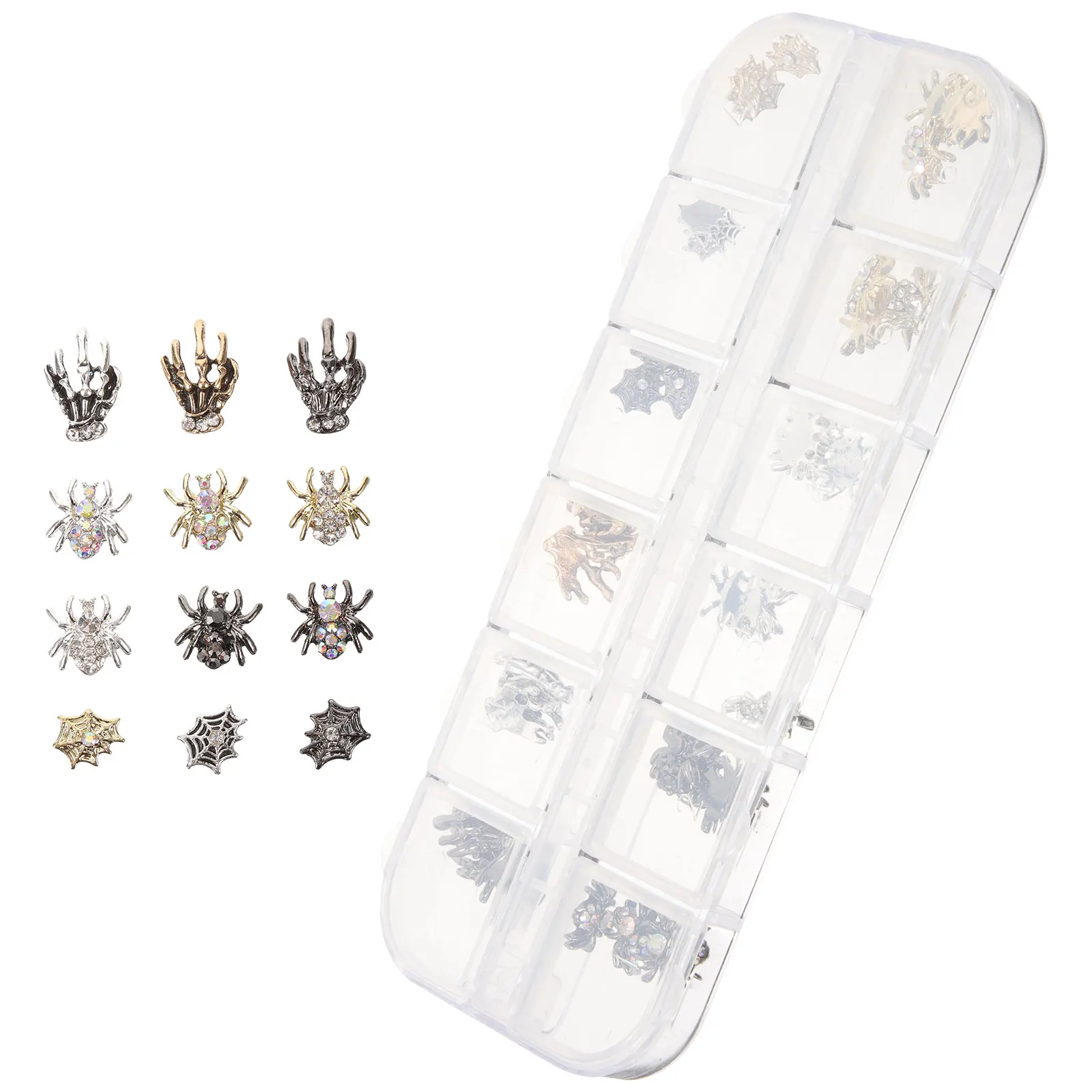 

12 Halloween Nail Charms Spider Skull Metal Decorations Scissors Rhinestones Fingernail Art Craft naments