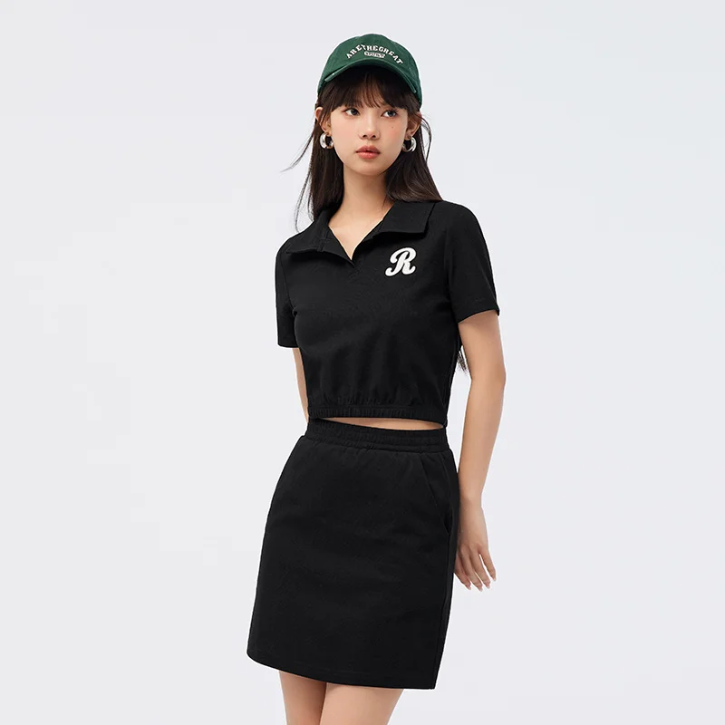 Semir Set Women Polo Neck Embroidered Top Elastic Waist Skirt 2024 Summer New Waffle Two Piece Casual Set