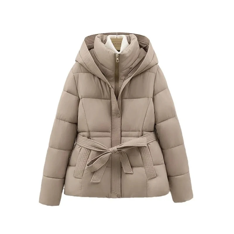 Jaket katun bulu angsa kelas atas untuk wanita Musim Dingin 2025 Fashion Slim Tebal Berkerudung Mantel Roti Wanita Hangat Parka Overcoat Dengan ikat pinggang