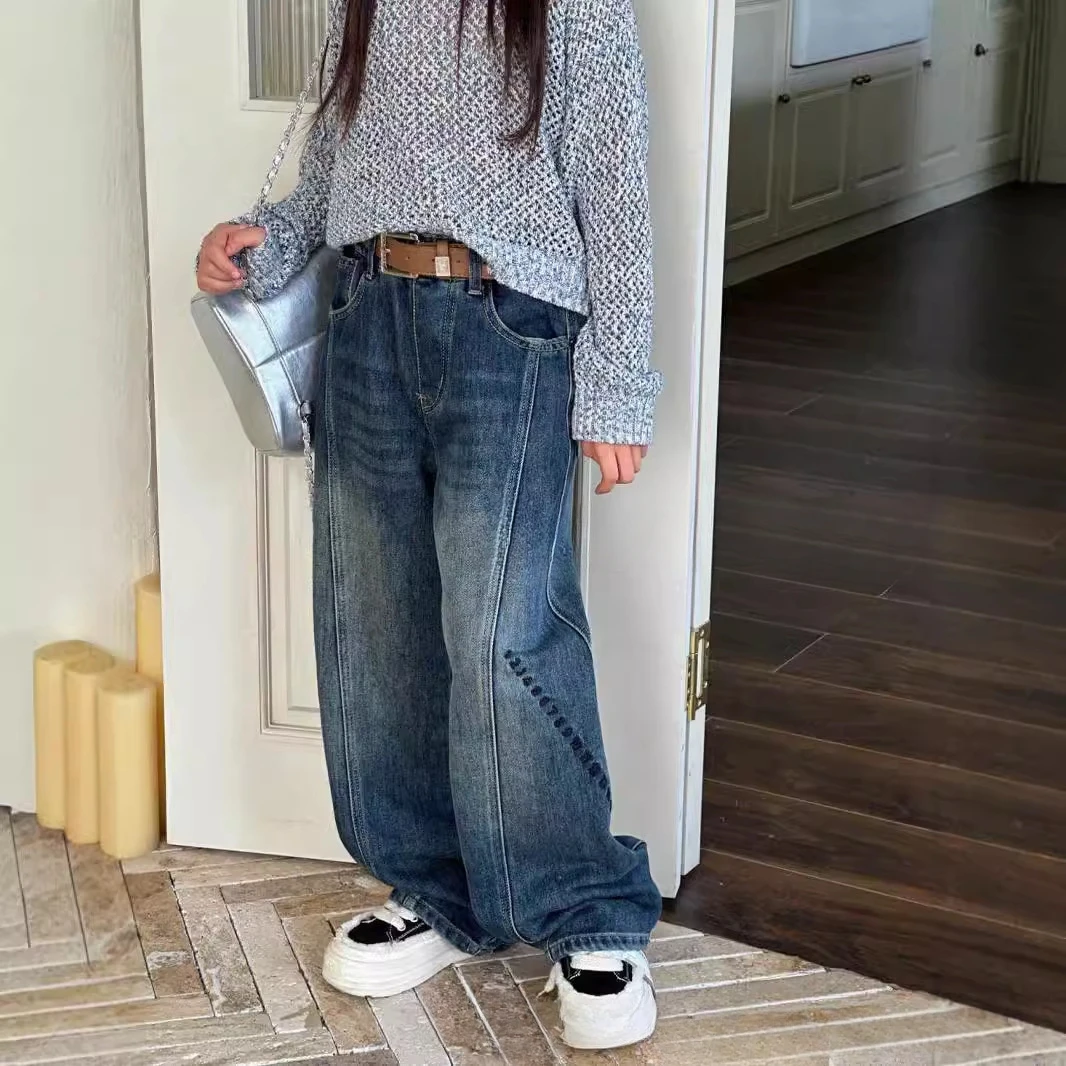 Girls pants size 110-160 Autumn 2024 Korean version of foreign-style retro casual jeans 포켓몬  ジーンズ