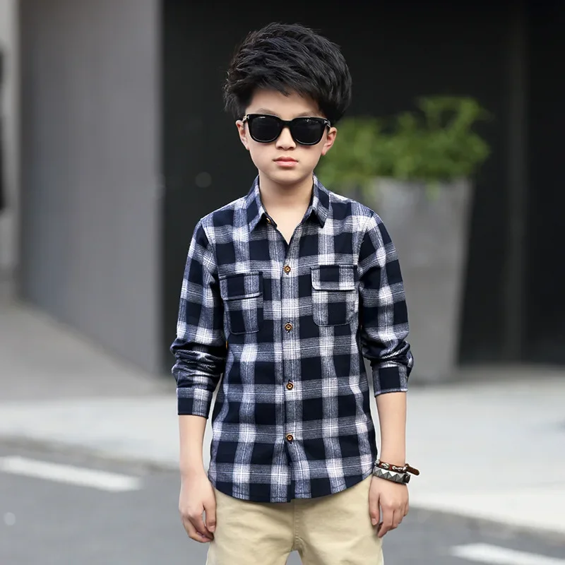 Boys Shirts Fashion Children Plaid Shirts Cotton Long Sleeve Boys Tops Shirt Teenage Kids Boys Clothes 5 6 8 9 10 12 14 15 Years