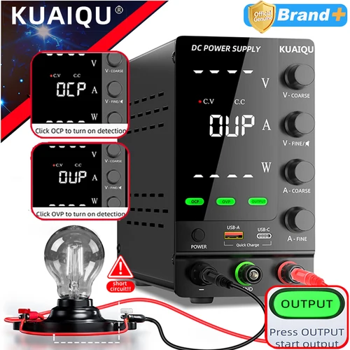 Fuente de Alimentación CC Conmutable Variable Ajustable KUAIQU 30V 10A, Fuente de Alimentación de Banco con Función OCP OVP Opcional, 32V 6A, 60V 120V 3A