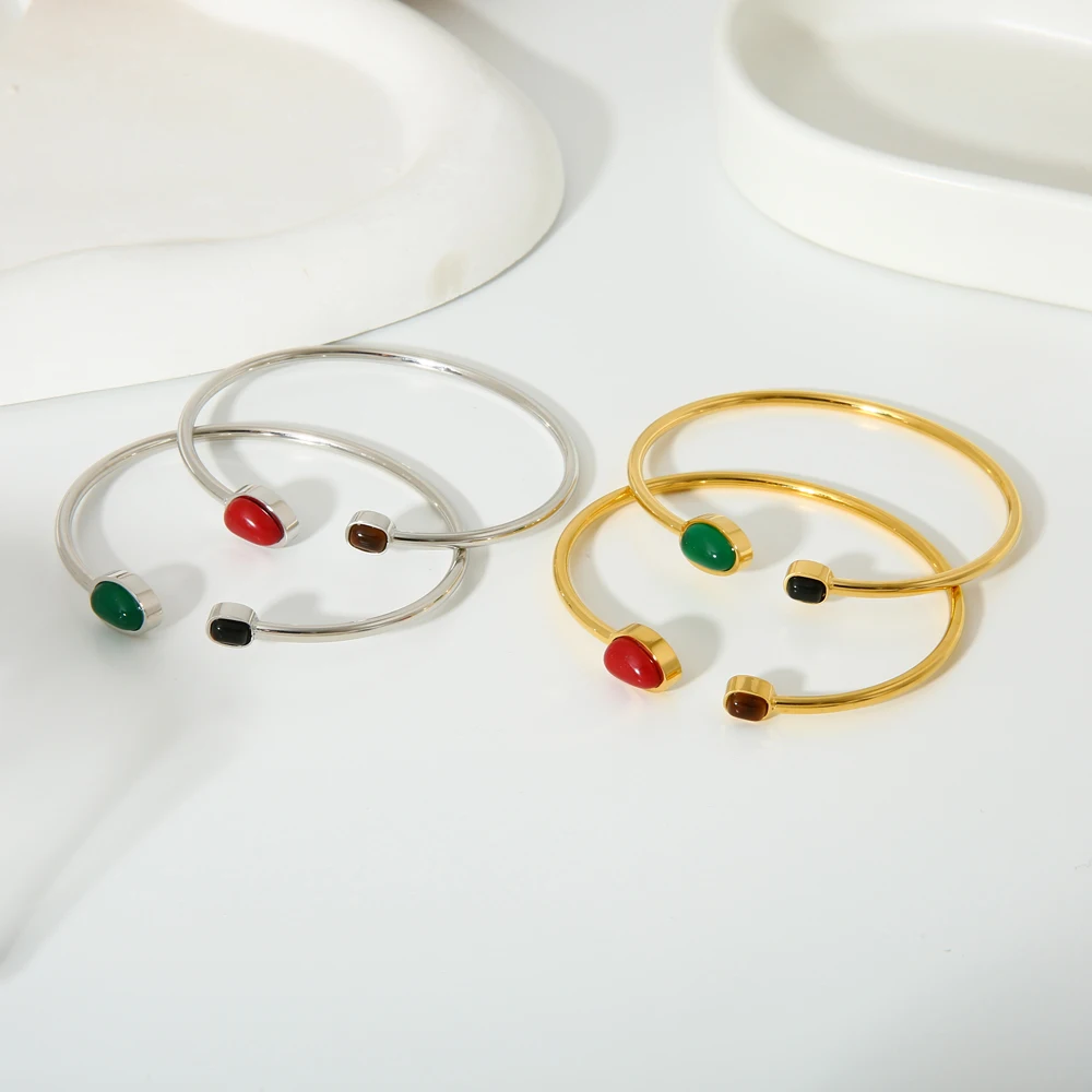 New Stainless Steel Natural Stone Open Cuff Bracelet Bangle Green Red Black Stone PVD 16K Gold Plated Tendy Jewelry for Women - Image 2