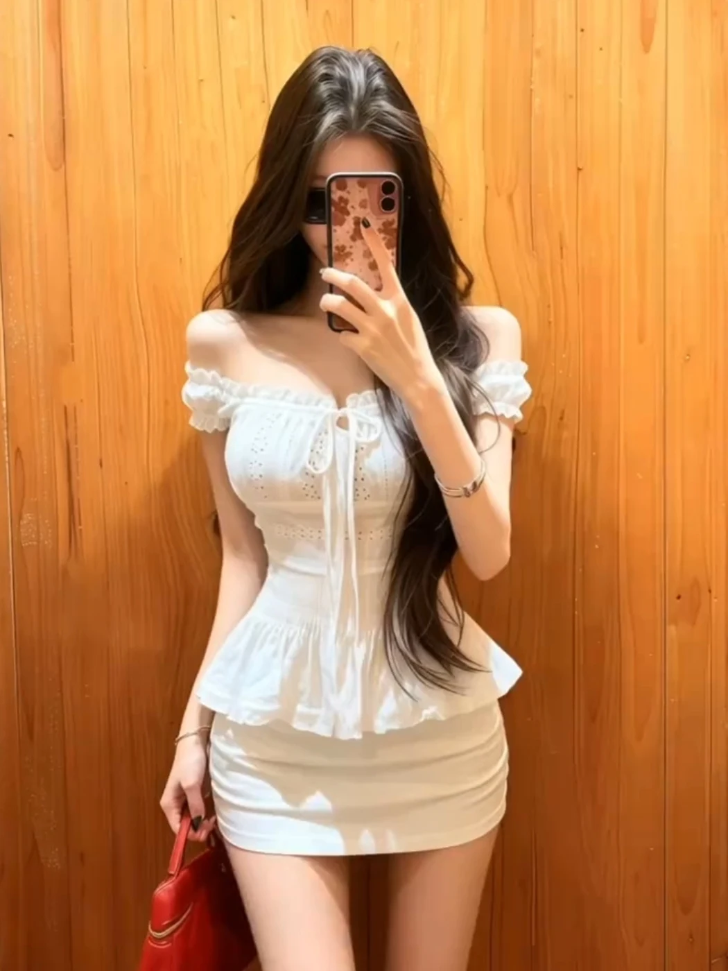 

Summer Pure Desire Style Women's Fashion Set High Waist Short Skirt Hollow out One Shoulder Shirt Short Sleeve Slim Fit Shirt