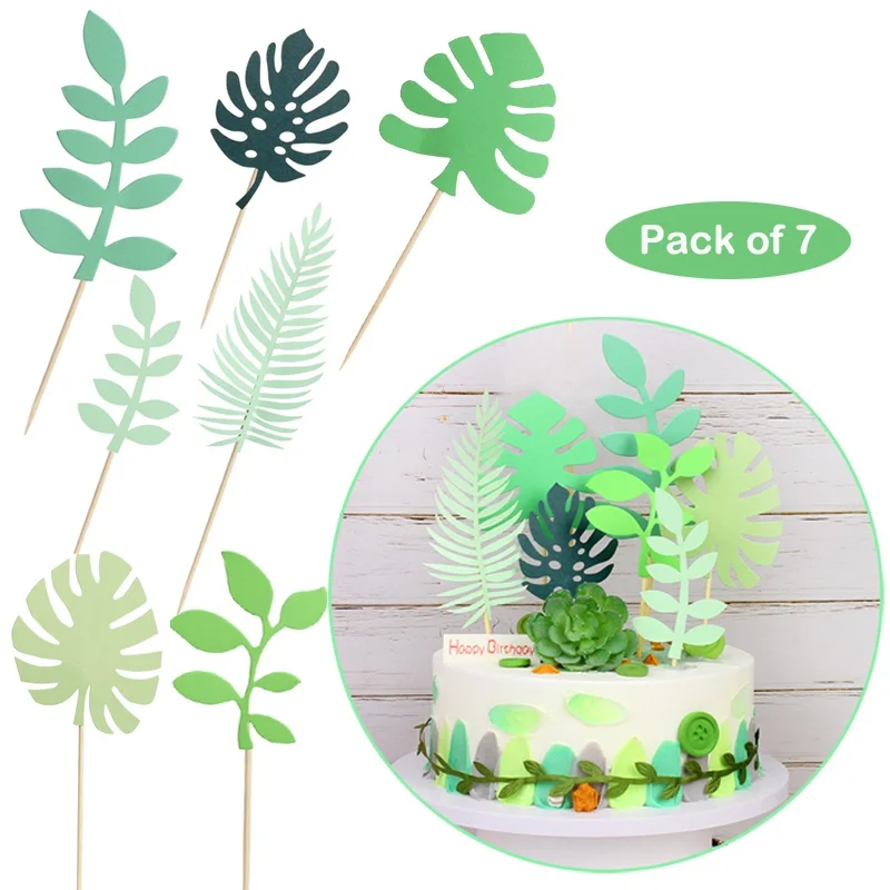 7pcs Tropical Palm Leaves Cake Topper Picks for Jungle Theme for Wedding 1st Birthday Party Safari Baby Shower Decoration