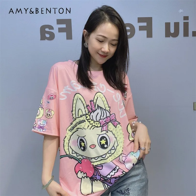 

Women's Crew Neck Loose Y2k Short Sleeved T-Shirt Women's Summer Cartoon Tees Heavy Industry Bead Age Reduction Half Sleeves Top