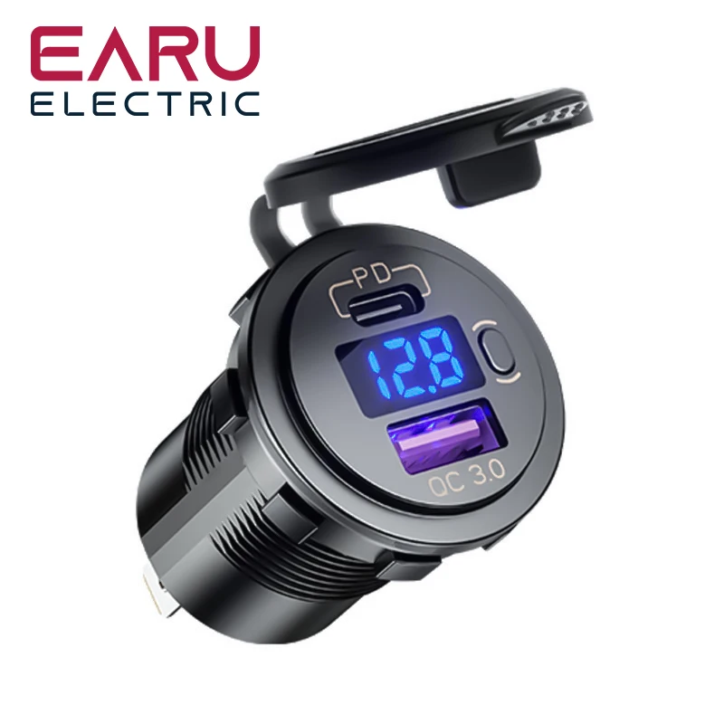 USB C Car Charger Socket 12V/24V Dual USB Socket PD3.0 and QC3.0 Car USB Port With LED Voltmeter and On/Off Switch Earu