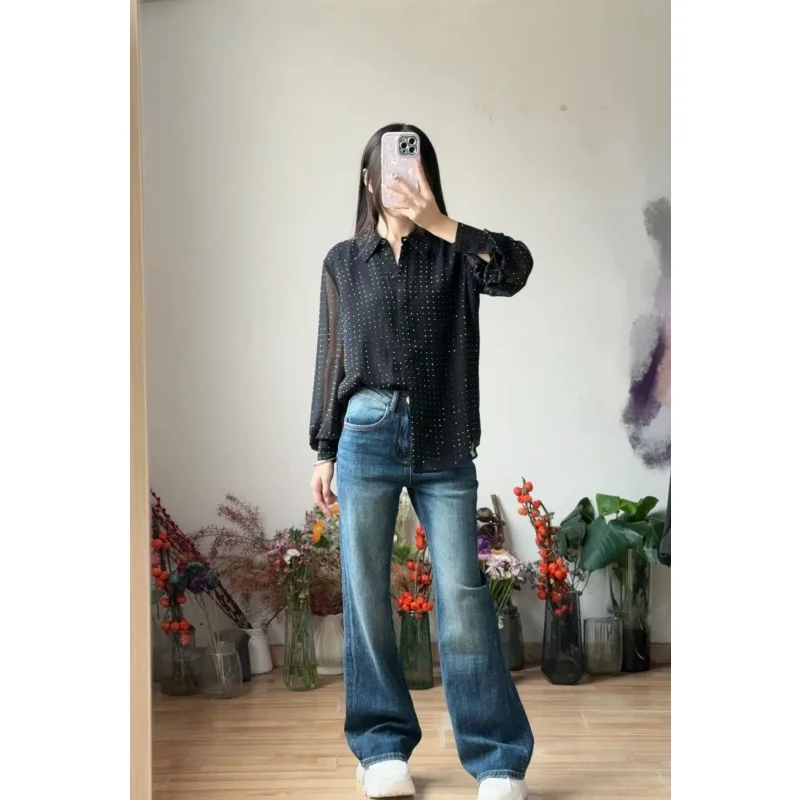 Ele Bla Full Drill Long Sve irt Australian Whistle Pure Sle Casual Loose Fit Polyester Fiber Skin-friendly Breat...