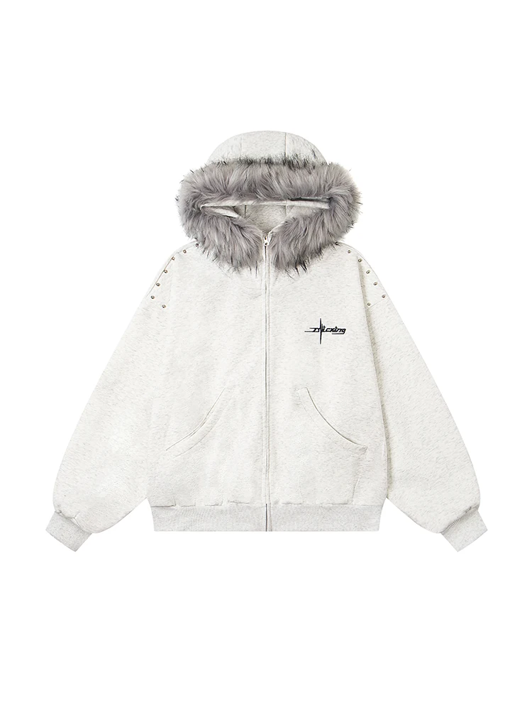 American Style Beaded Large Fur Collar Letter Embroidery Hooded Jacket Unisex Casual Loose Fashion Trend Zipper Sweatshirt