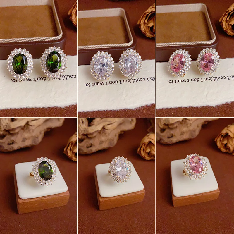 Light luxury fashion micro-inlaid zircon oval stud earrings exquisite versatile super flash ring