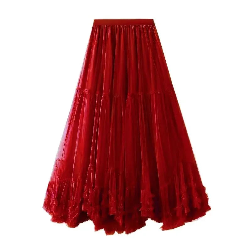 

Пышная тюлевая юбка миди с высокой талией, утягивающая, с деревянной отделкой по краю, бежевого цвета, для женщин, элегантный стиль