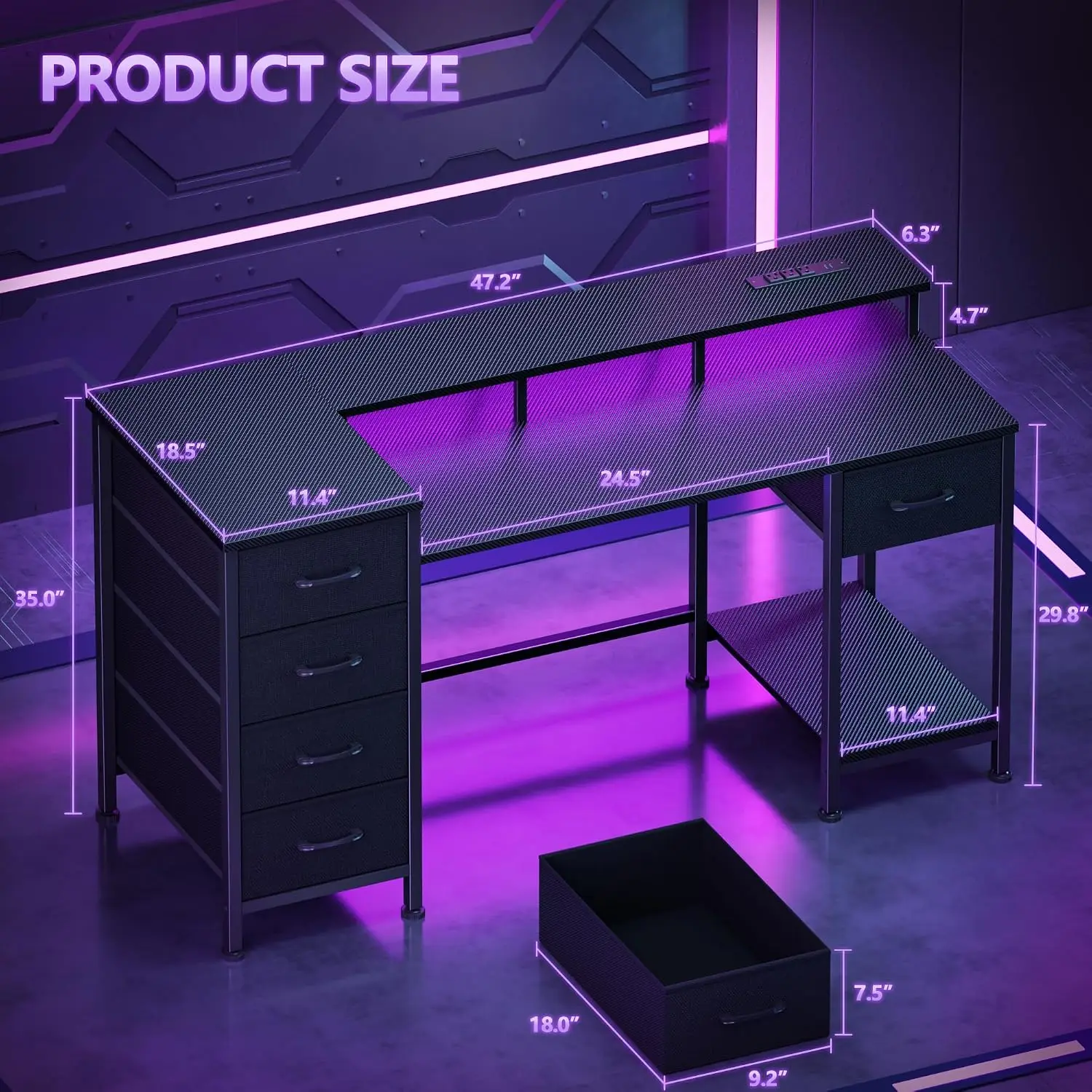 47 Inch Gaming Desk With Power Outlets & LED Lights Reversible Desk With 5 Fabric Drawers For Work Study, Black, Customized