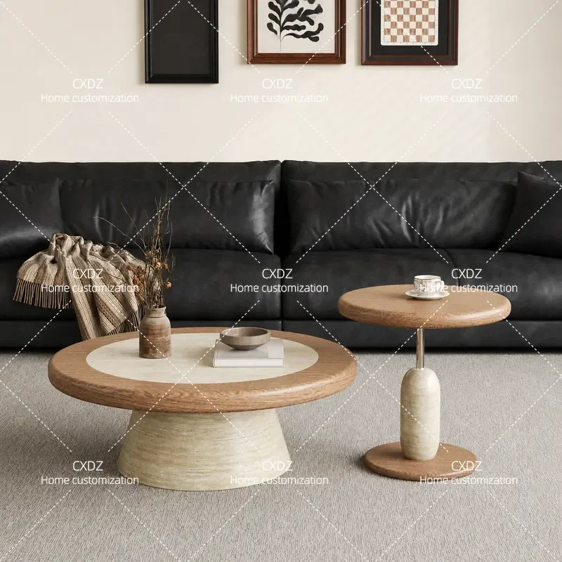Cream Round Travertine Coffee Table Set for Small Apartment Living Room Medieval Style High End Design New Model