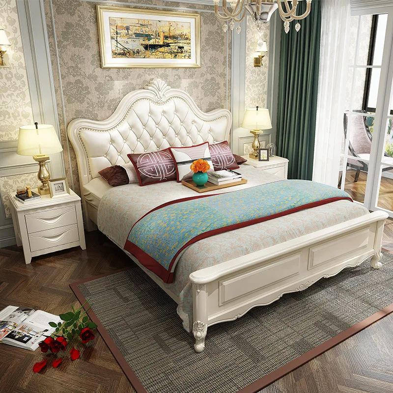 light luxury European white bed 1.5 meters soft bag solid wood wedding bed bedroom Modern cama queen size home furniture