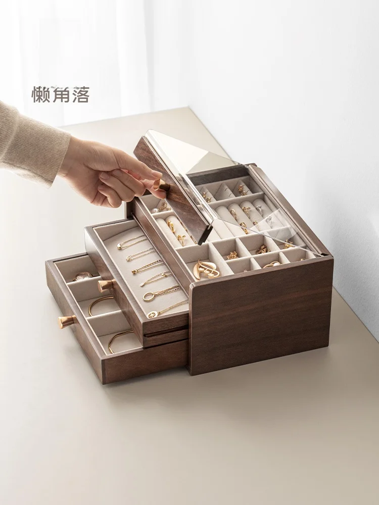 Elegant Wooden Jewelry Box Drawer Storage Organizer for Earrings Necklaces Rings Lazy Corner High End Wooden Cosmetic Case